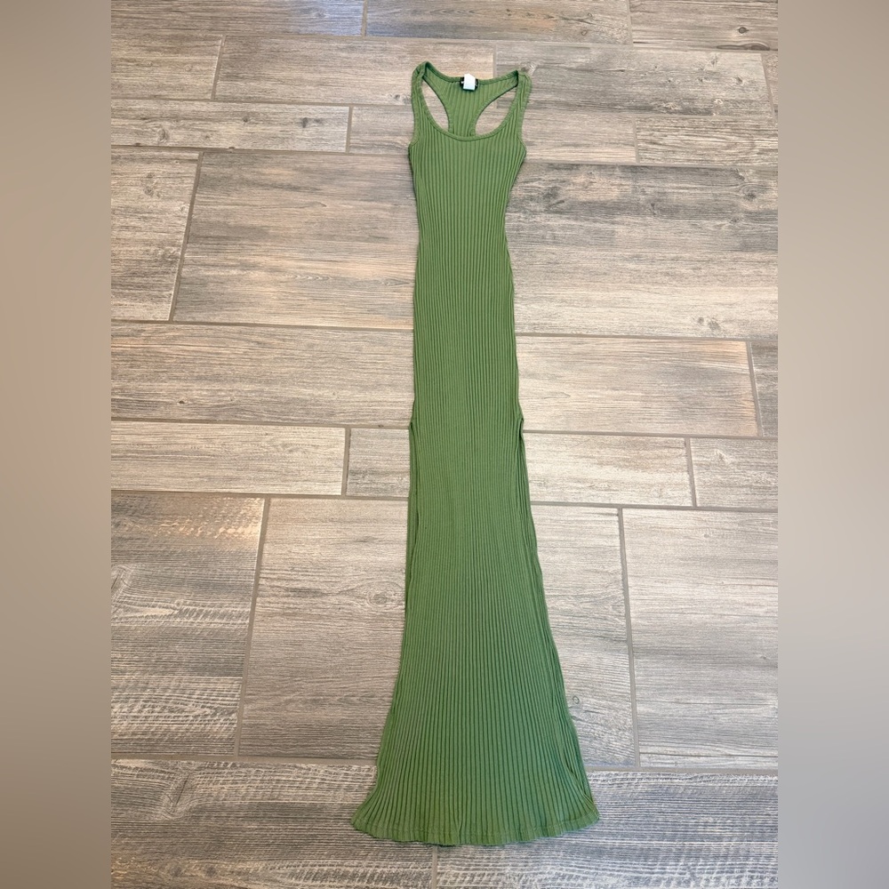 Ribbed-Knit Maxi Dress in green.